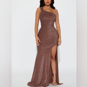 Fashion Nova Stella One Shoulder Lurex Maxi Dress Bronze (Small)